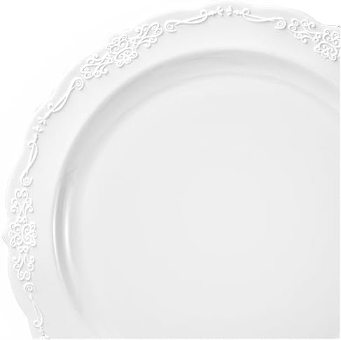 " OCCASIONS " 120 Plates Pack,(60 Guests) Vintage Wedding Party Disposable Plastic Plates Set -60 x 10'' Dinner + 60 x 7.5'' Salad/Dessert (Verona Plain White) — view 2