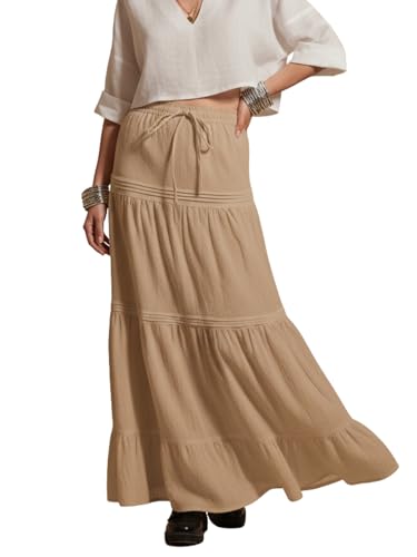 Image of GRECIILOOKS Women's Summer Ruffle Hem PolyBlend Maxi Skirt | High Waist Long Skirt's | Plain A-Line Flowy Skirt for All Occasions | Elegant Boho Style
