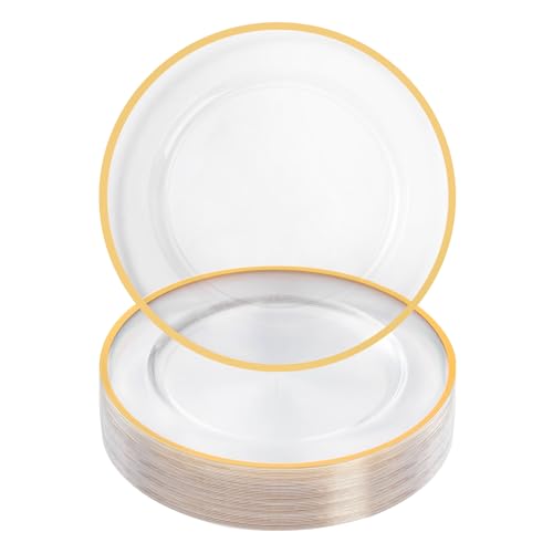 Goodluck 25 Pack Reusable Plastic Clear Charger Plates with Gold Rim, 12-Inch, for Dinner, Wedding, Party, Event Table Decoration, Clear&Gold by Goodluck - Used condition - US$29.43