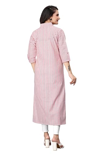 Image of Women Striped Cotton Straight Kurta (Pink)