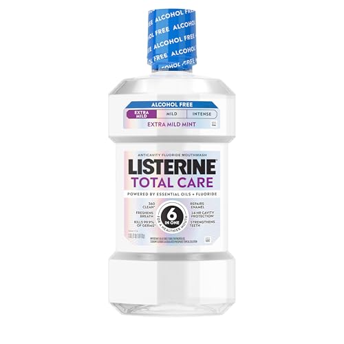 Listerine Total Care Alcohol-Free Anticavity Fluoride Mouthwash, 6 Benefit Oral Rinse to Help Kill 99.9% of Germs That Cause Bad Breath & Strengthen Enamel, Dye-Free, Extra Mild Mint Flavor, 1 L