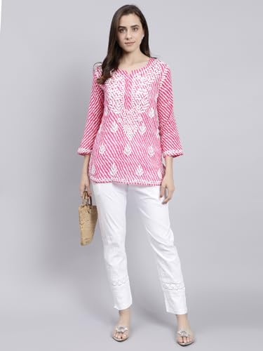 Image of Seva Chikan Hand Embroidered Lucknowi Chikankari White Lycra Trouser Palazzo Pant for Women SCL11029