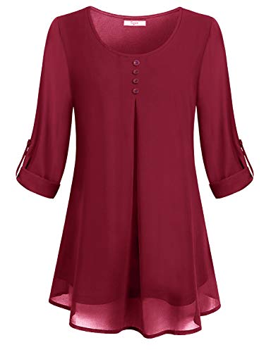 Cestyle Chiffon Blouses for Women, Roll up 3/4 Sleeve Tops for Women Casual Elegant Round Neck Layered Womens Work Blouses for Women Fashion 2022 Fall Womens Clothes Wine 2XL