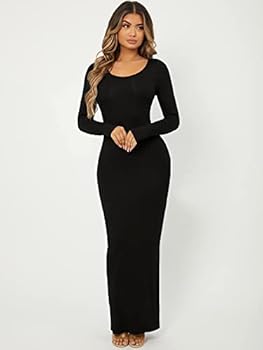 SheIn Women's Scoop Neck Long Sleeve Solid Maxi Bodycon Dress Black X-Large  : Buy Online at Best Price in KSA