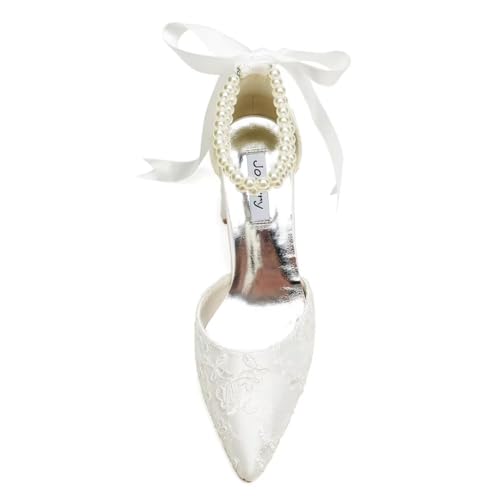 Image of Block Heel Wedding Shoes for Bride Pointed Toe Pearl Wedding Heels Bridal Shoes