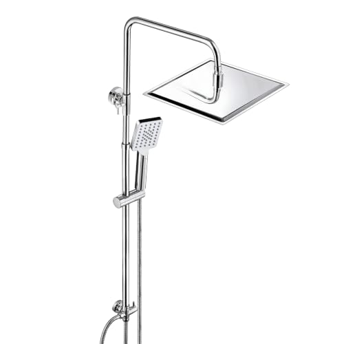 JOHO Colonna Doccia in Acciaio INOX senza Miscelatore Termostatica, Asta Doccia Saliscendi con Soffione e Doccetta, Set Doccia a Pioggia con Soffione 25x25 cm Cromo