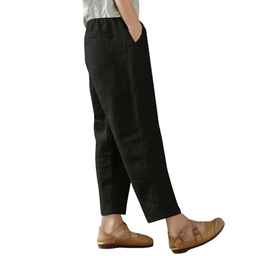 Capri Pants for Women Casual Summer Wide Leg Cotton Linen Pants Elastic Waist Beach Cropped Trousers with Pockets4