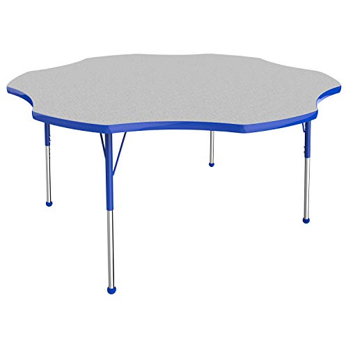 Image of FDP Flower Activity School and Office Table (60 inch), Standard Legs with Ball Glides for Collaborative Seating Environments, Adjustable Height 19-30 inches - Gray Top and Blue Edge