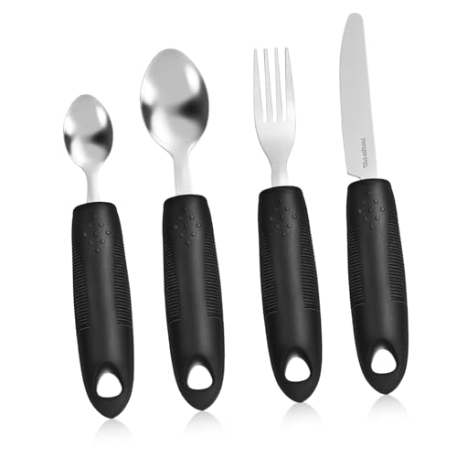 HEALEEP Weighted Utensils for Elderly -shake Eating Utensils Set Spoon Fork Ergonomic Handles Stainless Steel Easy to Grip