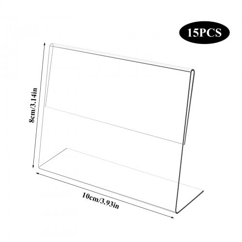 Porta Etichette Trasparente, 15pcs Mini Porta Cartellini in Acrilico 10x8cm, Porta Cartellino del Prezzo, Supporto Espositore a Forma di L, Espositore Tavolo Inclinato, Porta Avvisi da Tavolo