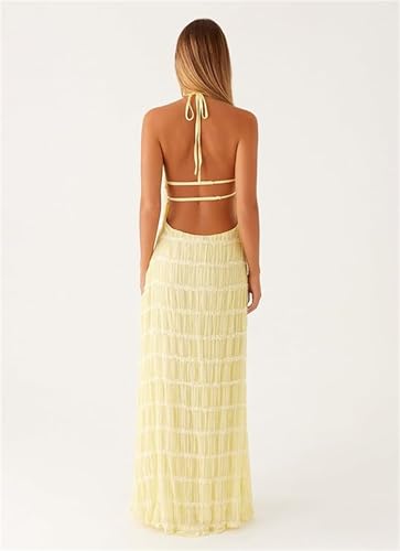 Image of Women Halter Ruched Maxi Dress Backless Sleeveless Long Dress Bodycon See Througn Pleated Sundress Beachwear