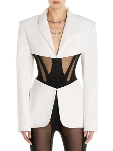 Women's Patchwork Transparent Mesh Blazer Notch Collar Long Sleeve Contrast Slim Fit Jacket2