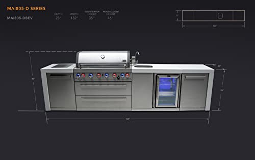 Mont Alpi Mai805-Dbev 44-Inch 6 Burner 115000 Btu Deluxe Gas Outdoor Kitchen Island Grill W/ Wine Cooler Beverage Center Refrigerator + Infrared Side Burner Granite Countertops & Sides + Faucet & Sink #TOP5