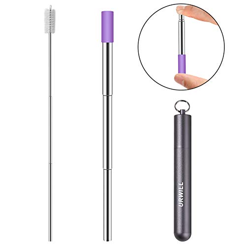 Reusable Stainless Steel Straws, URWILL Telescopic Metal Drinking Straws with Cleaning Brush, Eco-friendly Collapsible and Extendable Travel Straws with Metal Case