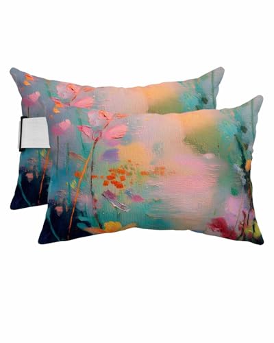 Hokiten Lumbar Pillow Covers Set of 4, Pink Floral Waterproof Outdoor Chaise Lounge Pillow Covers with Elastic Strap, Modern Oil Painting Spring Flowers Headrest Pillowcase for Patio, 12 x 20