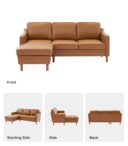 Image of Kingfun 88 inch L-Shape Sofa, Faux Leather Sectional Couch, Mid Century Modern Couches with Solid Wood Frame for Living Room Bedroom