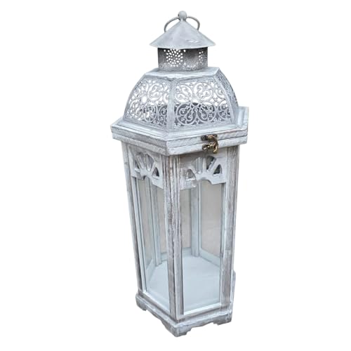 Lanterna da giardino esagonale 60 cm grigio – Lanterna in legno ricca di dettagli con vetro e tetto in metallo – per esterni coperti
