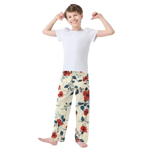 Boys' Pants Red Flowers Blue Leaves Long Bottoms Jogger Pants Elastic Waist Trousers with Pockets S-XL2