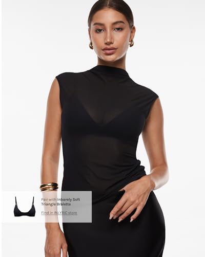 INLYRIC Women's Cosnufy Mesh Sheer Mock Turtle Neck Tank Tops See Through Sleeveless Sexy Summer Going Out Tops3