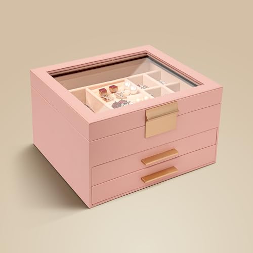 Image of Birch & Co. Jewellery Box - 3 Layer Jewellery organizer storage box, Portable Travel-Friendly Storage. Elegant Super Premium Storage Case for Rings, Earrings, Necklaces & Bracelets, Blush