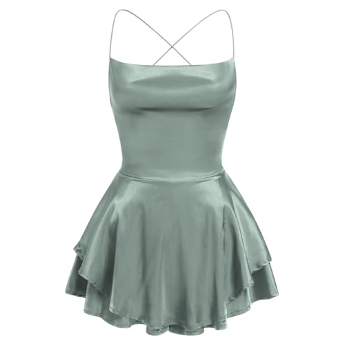 Image of AGYMNX Women Sexy Spaghetti Strap Satin Dress Sleeveless Low Cut Backless Short Romper Dress Party Jumpsuit Mini Sundress