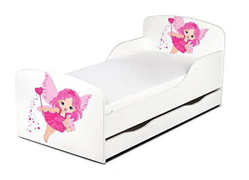 Leomark Moderne Lit d'enfant Toddler avec Matelas et Un Tiroir Couleur Blanc Motif: la Fée Chambre pour Les Enfants Meubles pour Enfants Confortable Fonctionnel Lit Simple Zone de Couchage 70/140 cm