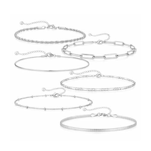 Image of VAMA FASHIONS 6 Pcs Elegant 18K Silver Plated Adjustable Hand Bracelets Paperclip Rope Snake Figaro Herringbone Beads Chain Combo Set for Women & Girls