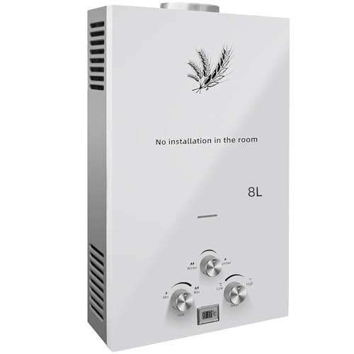 PEIXU Calentador de Agua Butano 8L 16KW Gas GLP Propano Calentador de Agua Calentador de Agua LPG Instantáneo Portátil,Modos de Invierno y Verano,Blanco,para Ducha Al Aire Libre,Baño,Camping