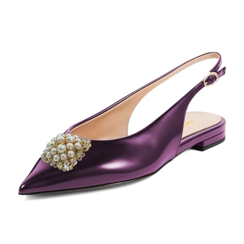 Pazzion Women Pearls Beaded Slingback Strap Buckle Flats Closed Pointed Toe Low Heels Pumps Working Party Shoes Size 4-16 US