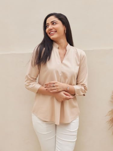 Image of SAADAA Top for Women, Viscose Pleated Tops, V-Neck with a Collar, 3 /4 Sleeve Length, Office & Casual Wear