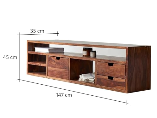 Image of Solid Wood TV Unit for Living Room 55 Inch Furniture - Wooden TV Unit with Storage Cabinet with 3 Drawr, 4 Open Shelves Wooden TV Cabinet for Living Room - Fits up to 55-Inch TV (Emmett)