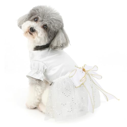 Ranphy Saia de casamento para cães pequenos com laço grande chique, vestido de tule com babados, rou