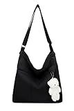 Covelin Womens Canvas Bag with Bear Pendant Crossbody Purse Top Zip Shoulder Handbag Black