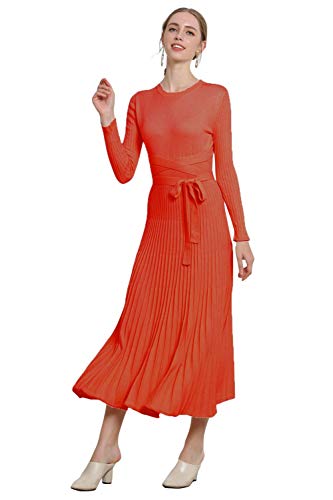 Image of Women's Long Knit Crewneck Sweater Dress Tie Waist A-Line Swing Pleated Bodycon