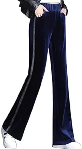Pantalon Femme Pantalon Décontracté En Flanelle De Soie Dorée Pour Femme Pantalon Évasé Taille Haute Grande Taille Pantalon Large À Rayures Latérales Pantalon Élastique Ample,Noir,S 37-45 Kg,Hilar