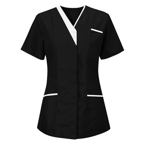 Uniforme de Trabajo para Mujer Manga Corta Camisetas degradados Color Sólido Respirable Túnica Tops con Bolsillos Moda Casual Basic Suelto Cuello en V Top Apto para Limpiadores