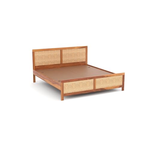 Image of Sheesham Wood Cane Bed Without Storage for Bedroom | Queen Size Wooden Double Bed Palang with Rattan Headboard & Footboard (Honey Finish)