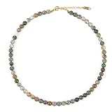 KIKLA Semi Precious Stone Beaded Choker Necklace 18K Gold Plated Natural Stone Strand Necklace Short Necklaces for Women (India Agate)