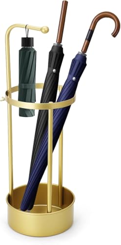 Image of Metal Umbrella Stand with Drip Tray, Gold, Round, Removable Hook, 68cm Height, 20cm Diameter