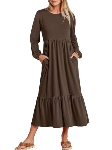 KLWCJFFF Women's Casual Long Sleeve Midi Dress 2024 Fall Crewneck A Line Tiered Flowy Loose Trendy Dresses with Pockets Coffee