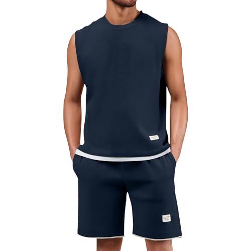 Tuta Running Uomo Estiva Tute Due Pezzi Casual Completo In Cotone Canotte Muscolo Contenitiva E Pantaloni Corti Tuta Sportivo Traspirante Leggeri Completino Da Ginnastica Spiaggia Morbido E Comodi