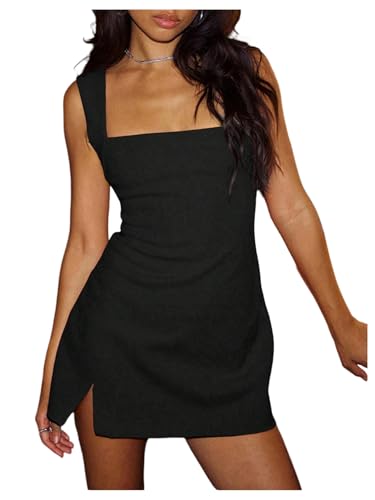 SOLY HUX Women's Summer Sleeveless Mini Dress Square Neck Split Hem Bodycon Party Club Dresses