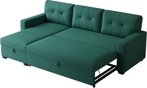Image of Torque Lucia L Shape Sofa Cuma Bed with Storage- Green LHS | Folding Sofa Cum Bed for Living Room | L Shape 4 Seater Sofa for Guest Room Office