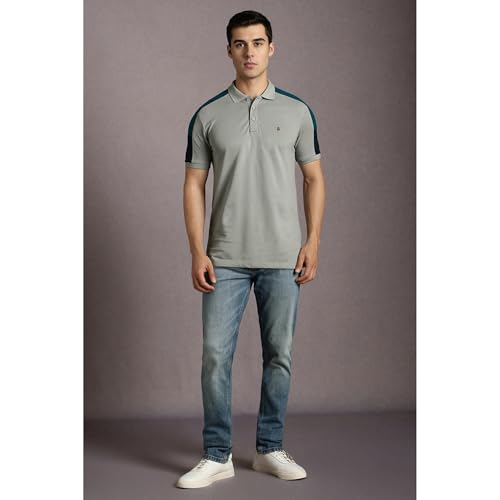 Image of Louis Philippe Men's Slim Fit Premium High-End Pique in Superior Cotton Cut & Sew Design Color Block Shoulder Half Sleeve Polo Tshirt