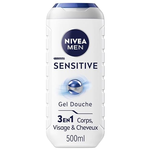 NIVEA MEN Gel Douche Sensitive effet 3 en 1 (1 x 500 ml), gel douche homme pour peau sensible, nettoyant doux pour corps, cheveux et visage, soin lavant à l'extrait de bambou