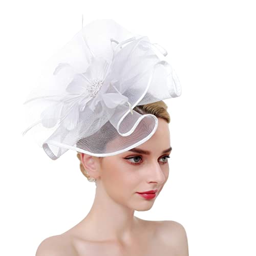 Grand chapeau bibi pour femme - Pour mariage, goûter, course - Chapeau à rabat - Chapeau à plumes et fleurs - Avec bandeau - Pinces à cheveux - Coiffe, blanc, taille unique Cover