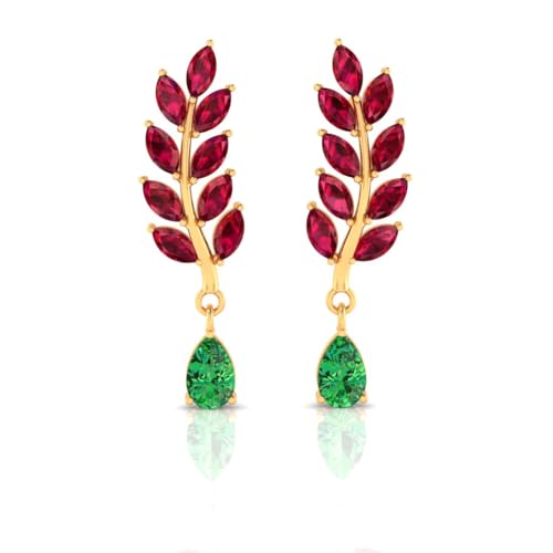 Image of P.C. Chandra Jewellers 14k Gold Earrings With Red Stone Leaf Design With A Stone Drop For Women & Girls - 1.1 Gram