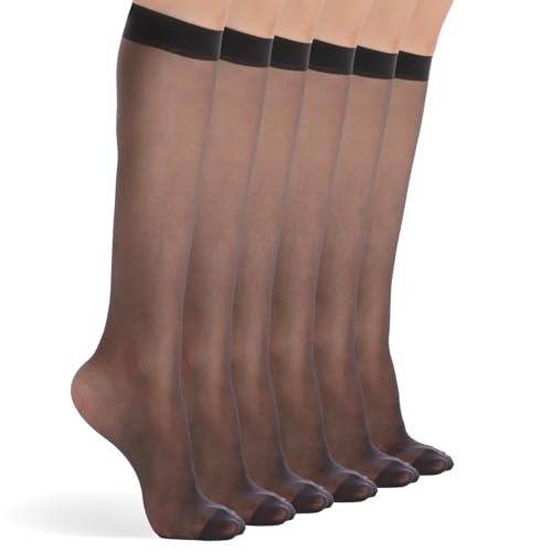 FeinYee - FeinYee 6 Pairs Knee High Stockings for Women, Elastic Fine Sheer Socks with Reinforced Toes 20 Denier Nylon One Size(CA-20D-KS-B) - -40%