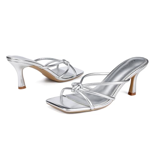 Image of Goderci Kitten Strappy Heels for Women Knotted Square Open Toe Slip On Mule Heels Mid Heeled Sandals