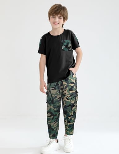 Image of mksodopy Boys Clothes Outfits Set, Camo Cargo Pants and Short Sleeve Pocket Tee 2PC Summer Tracksuit for Kids 5-16Y